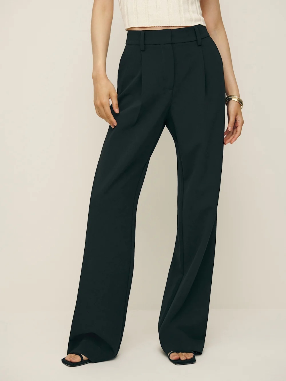 New Reformation Alex Pleat Trouser Pants Black High Rise Long Sz 10